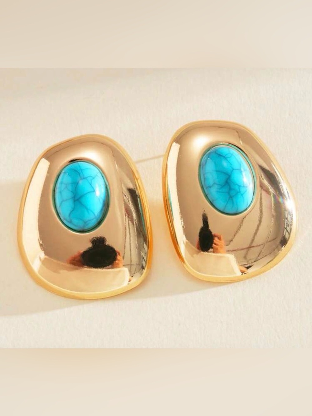 Gold-Tone Earrings with faux Turquoise Cabochon